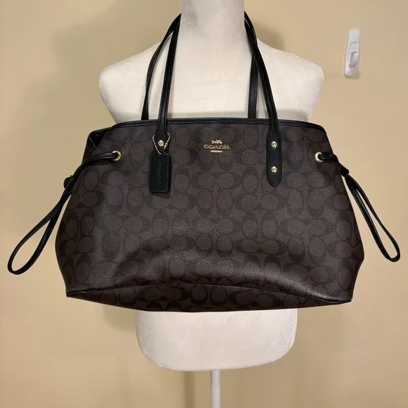 COACH Signature Drawstring Carryall Tote Bag Black/Brown - Picture 1 of 8